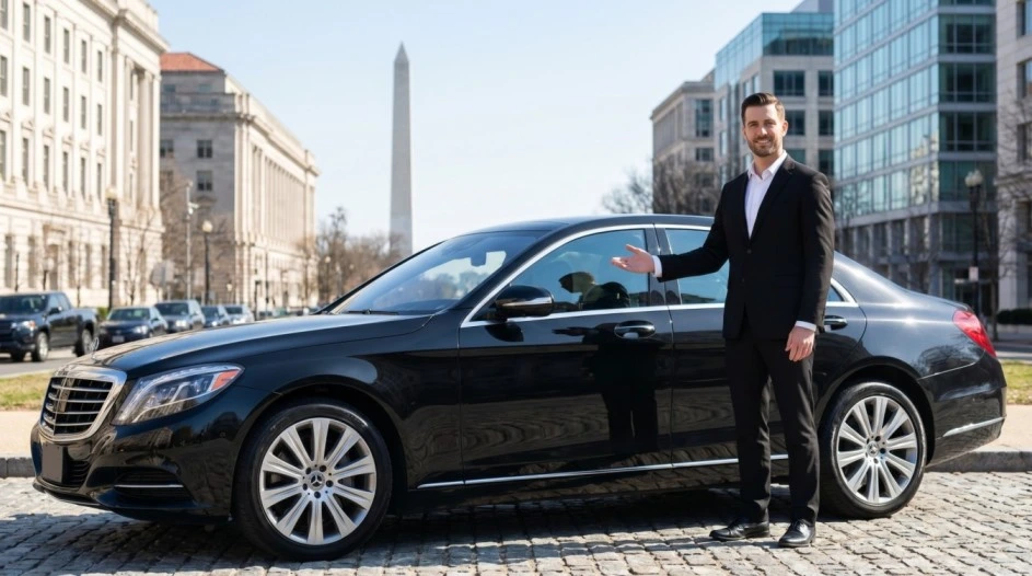 Uniformed chauffeur standing beside a black Cadillac Escalade outside Reagan National Airport terminal with Washington Monument visible in background