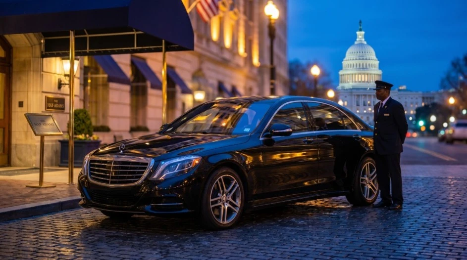 Black Mercedes S-Class executive sedan under warm overhead lighting at Reagan National Airport departure lane at night