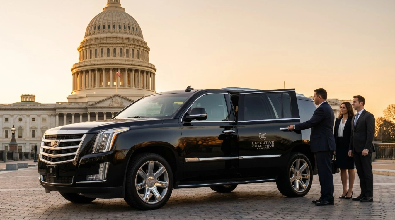 Black Cadillac Escalade SUV on Pennsylvania Avenue near the US Capitol building on a clear day