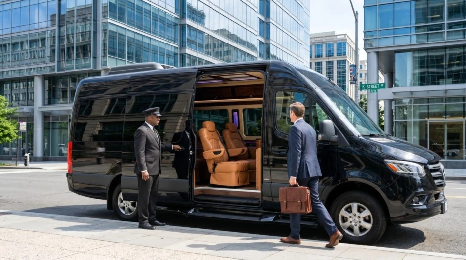 Black Mercedes Sprinter van parked outside a glass-facade corporate building in Arlington Virginia near Reagan Airport