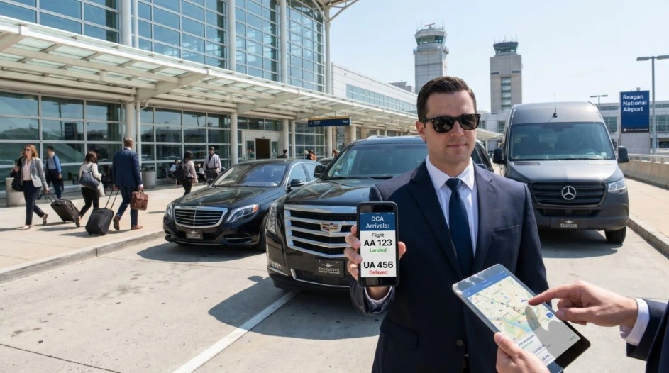 Close-up of a chauffeur's hand holding a phone with live flight arrival status at Reagan National Airport baggage claim