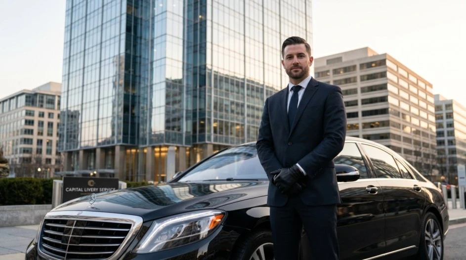Uniformed Official Limo Rental chauffeur standing beside a black Cadillac Escalade outside Dulles airport terminal at golden hour