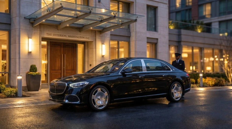Black Mercedes S-Class executive sedan parked at Dulles airport terminal entrance at night with terminal lights reflected on car surface