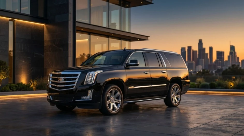 Black Cadillac Escalade ESV luxury SUV staged for airport transfer at a Northern Virginia executive terminal drop-off