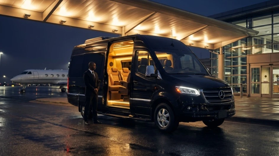 Black Mercedes Sprinter passenger van configured for executive group transfers, parked in front of a corporate building near Dulles airport