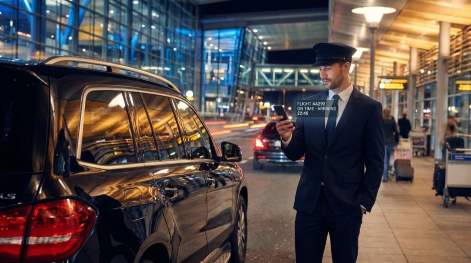 Chauffeur checking real-time flight arrival status on a phone inside Dulles airport terminal with departure boards in background